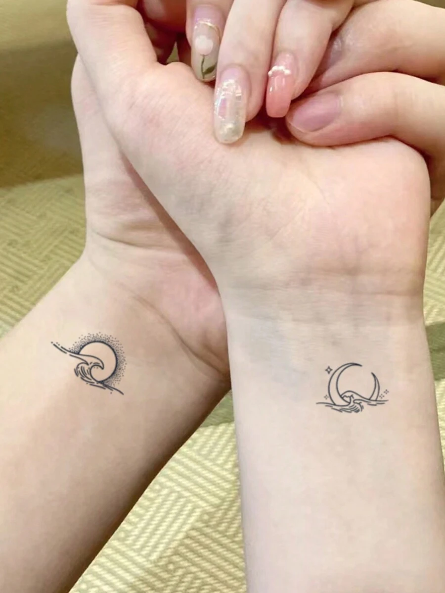 1pc Simple Small Pattern Waterproof Non-reflective Ocean Wave & Heart Temporary Tattoo Sticker For Men & Women's Fingers / Wrist - Black - View 1