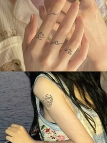 1pc Simple Small Pattern Waterproof Non-reflective Ocean Wave & Heart Temporary Tattoo Sticker For Men & Women's Fingers / Wrist - Black - View 2