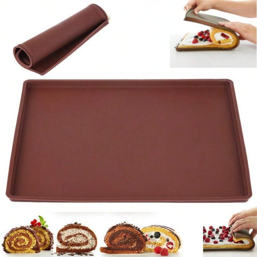 1PC Non-Stick Silicone Oven Mat Cake Roll Swiss Roll Baking Pad Macaron Bakeware Baking Tools Swiss Roll Mat Silicone Baking Liner For Pastry Cookie Cupcake Macaron Reusable Flexible Baking Sheet Tray Heat-Resistant Swiss Cake Roll Maker - Coffee Brown - View 1