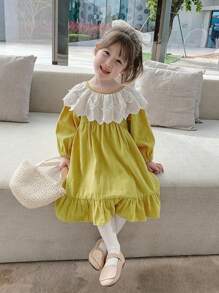 新品到貨蕾絲領年輕女孩優雅黃色長袖公主裙