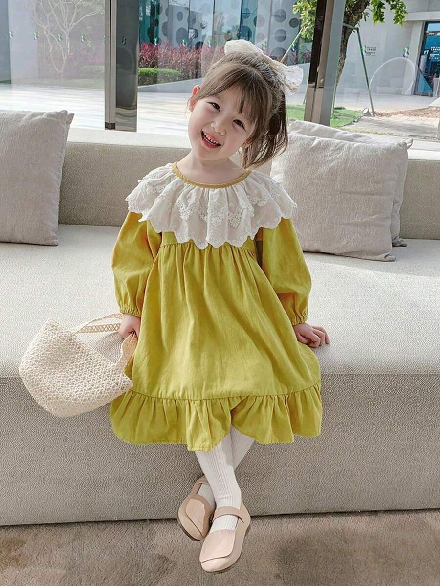 新品到貨蕾絲領年輕女孩優雅黃色長袖公主裙