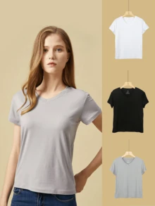 女士v領基礎t恤,3件裝(黑色,白色,灰色) - 彩色 - 查看 3