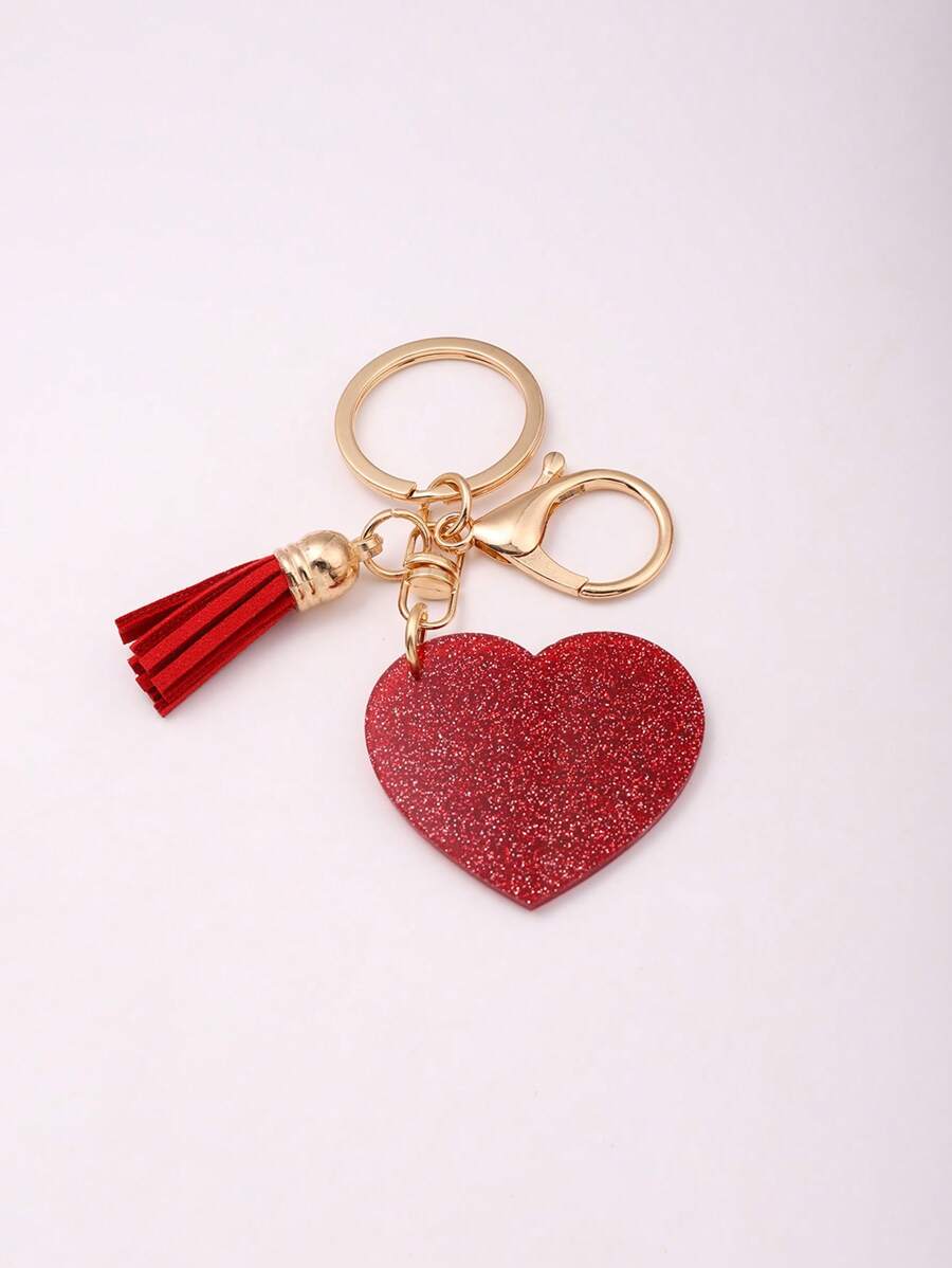 1入組亞克力金屬亮絲心形流蘇鑰匙圈 - 紅色 - 查看 1