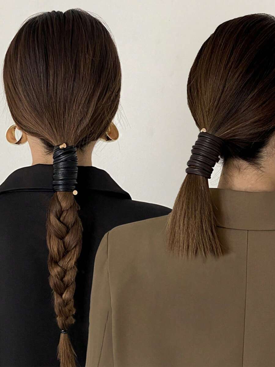 1入女性巧克力棕色仿皮革低馬尾紮頭髮帶,髮帶,頭髮配件