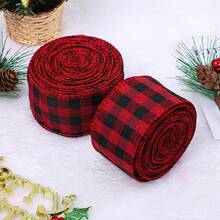 1Pc of 5 Yards Red Black Checkered Coarse Linen Wire Metal Ribbon for Christmas Wrapping, Used for Christmas Crafts Decoration, Flower Bow Crafts - Burgundy - View 2