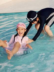 Annil Boys And Girls Summer Long Sleeve Sun Protection Kids One Piece Swimsuit With Swim Cap 2-Piece Set Pink - Pink - View 3