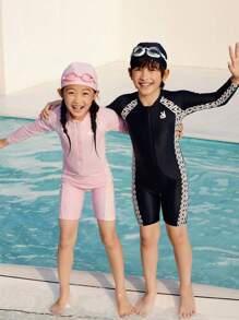 Annil Boys And Girls Summer Long Sleeve Sun Protection Kids One Piece Swimsuit With Swim Cap 2-Piece Set Pink - Pink - View 2