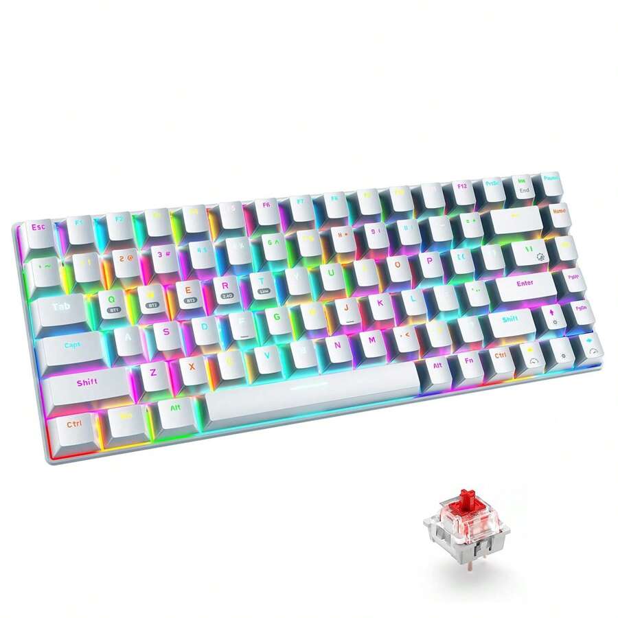 Wireless Gaming Keyboard Mechanical Blue LED Backlit Bluetooth 5.0/Wireless 2.4G/Wired 84 Keys Mini Keyboard With Rechargeable 3000mAh Battery Brown Switches Type-C USB Receiver For Windows Gaming PC - White Red - View 1