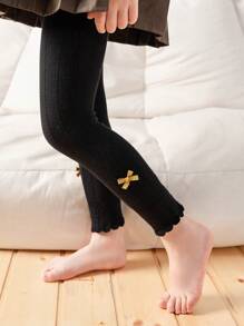 1 件女童黑白蝴蝶结透气紧身裤/打底裤，儿童休闲日常穿着