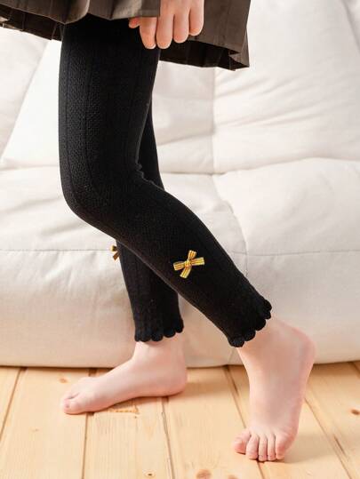 1 件女童黑白蝴蝶结透气紧身裤/打底裤，儿童休闲日常穿着