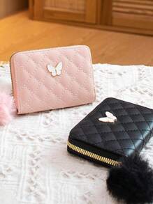 Children's Short Plush Butterfly Shaped Clutch Bag With Rhombus Pattern, Featuring Pom Pom, Fashionable With High-end Texture, Suitable For Girls