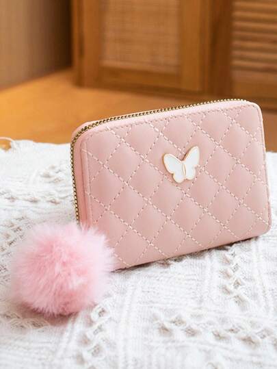 Children's Short Plush Butterfly Shaped Clutch Bag With Rhombus Pattern, Featuring Pom Pom, Fashionable With High-end Texture, Suitable For Girls