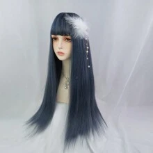 長款粉藍色合成纖維直髮假髮，附瀏海，蓬鬆自然，蘿莉塔風格，耐熱，適合日常配戴、派對與萬聖節 - 霧霾藍 - 查看 5