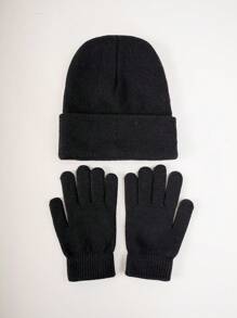 1入組純色無邊針織帽子和隨機款式手套套裝,適用於日常使用,保暖效果優異 - 黑色 - 查看 1