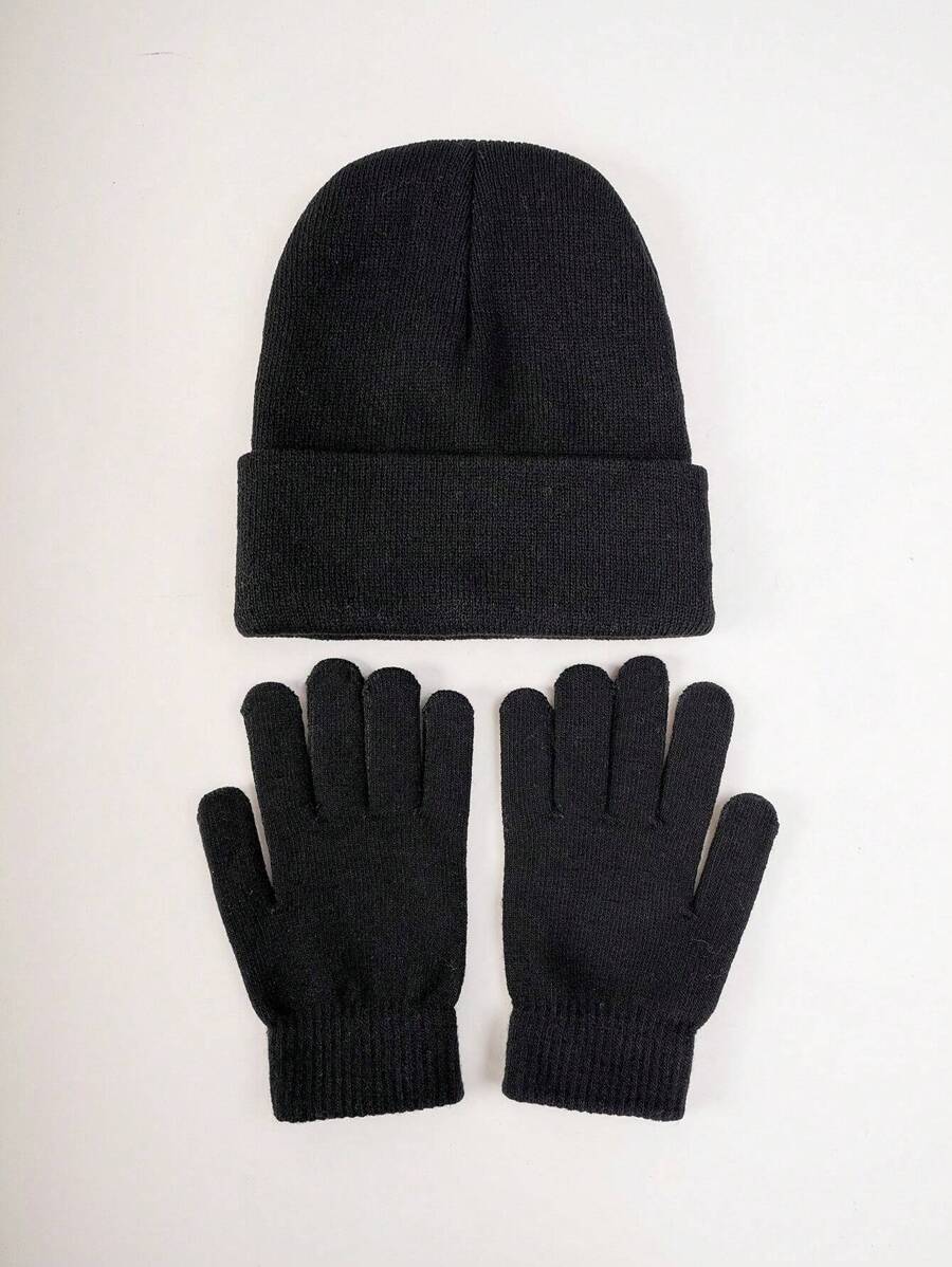 1入組純色無邊針織帽子和隨機款式手套套裝,適用於日常使用,保暖效果優異 - 黑色 - 查看 1