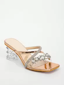 Cadeau de la Saint-Valentin, Sandales de fête pour femmes sexy et charismatiques avec strass métallique champagne, sandales à talons compensés transparents en cristal clair, mules de la Saint-Valentin