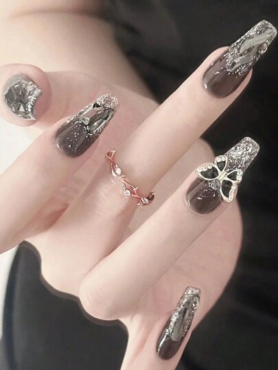 24pcs/Set Coffin Shaped False Nails With 1pc Nail File And 1pc Jelly Gel Press On Nails Nail Supplies