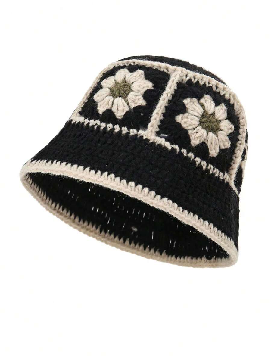 1頂女士多色花卉鉤織桶帽，適用於戶外旅行和日常使用 - 黑色 - 查看 1