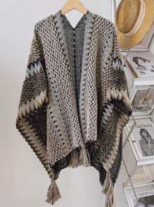 1pc Women's Loose Mid-Length Fringe Poncho Cardigan Sweater Shawl Cloak Knitted Blanket Scarf, Suitable For Autumn/Winter And Daily Use - Coffee Brown - View 1