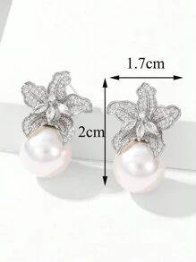 1 cặp hoa tai ngọc trai giả hình khối Cubic Zirconia thời trang dành cho phụ nữ trang trí hàng ngày cho ngày lễ tình nhân, mẹ, mẹ, ngày của mẹ, quà tặng - Bạc - Xem 4