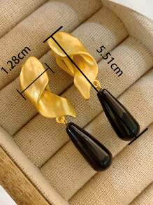 女性用螺旋黑瑪瑙水滴夾式耳環,獨特歐洲風格,復古優雅,無須穿耳洞,適合圓臉形 - 黑色 - 查看 3