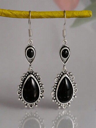 1pair Vintage Black Drop Earrings Geometric Triangle Hollow Out Design For Women