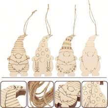 8个未完成的木刻精灵造型圣诞装饰吊坠，含绳子，DIY工艺品，圣诞装饰品，家居圣诞礼物，圣诞装饰 - 黃色 - 查看 7