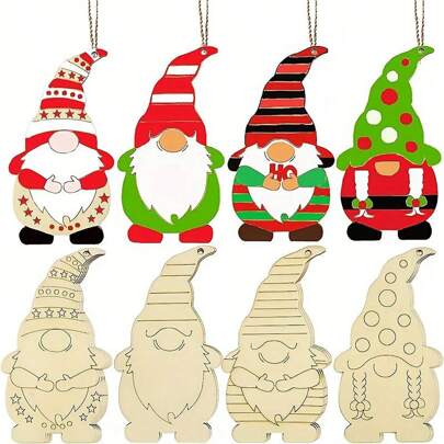 8pcs Unfinished Woodcut Elf-Shaped Christmas Ornament Pendant, Includes Ropes, Diy Crafts Christmas Decorations Christmas Decorations Home Christmas Gifts Christmas Decor