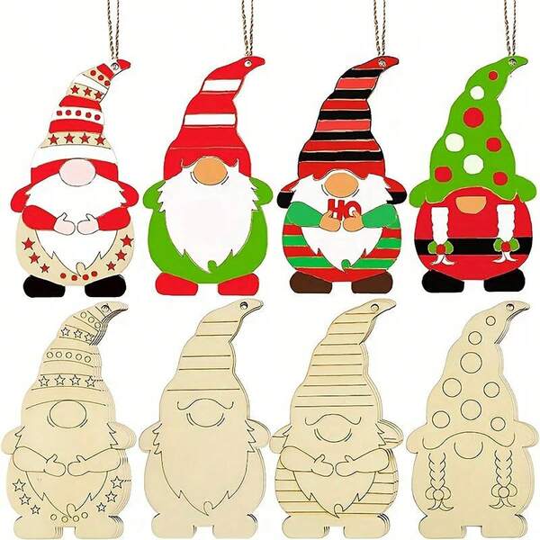 8pcs Unfinished Woodcut Elf-shaped Christmas Ornament Pendant, Includes Ropes, Diy Crafts Christmas Decorations
