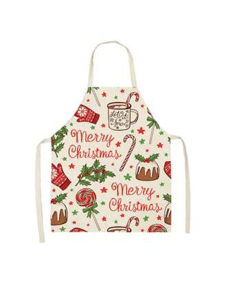 1 Pezzo Grembiule Di Natale In Lino Con Palle, Calze Alci E Babbo Natale