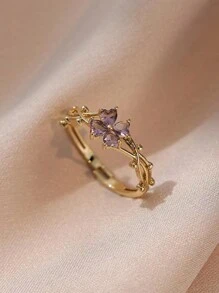 1 pieza Anillo abierto de acero inoxidable con trébol de cuatro hojas púrpura y circonita, anillo de nicho de alta gama con delicada sensación premium