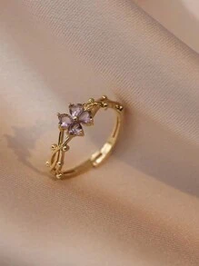 1 pieza Anillo abierto de acero inoxidable con trébol de cuatro hojas púrpura y circonita, anillo de nicho de alta gama con delicada sensación premium