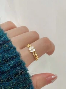 1 pieza Anillo abierto de acero inoxidable con trébol de cuatro hojas púrpura y circonita, anillo de nicho de alta gama con delicada sensación premium