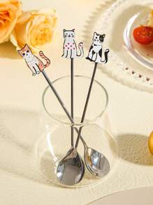 2pcs Random Color Cute Cat-Shaped Coffee Spoon And Dessert Spoon Set School Supplies Back To School