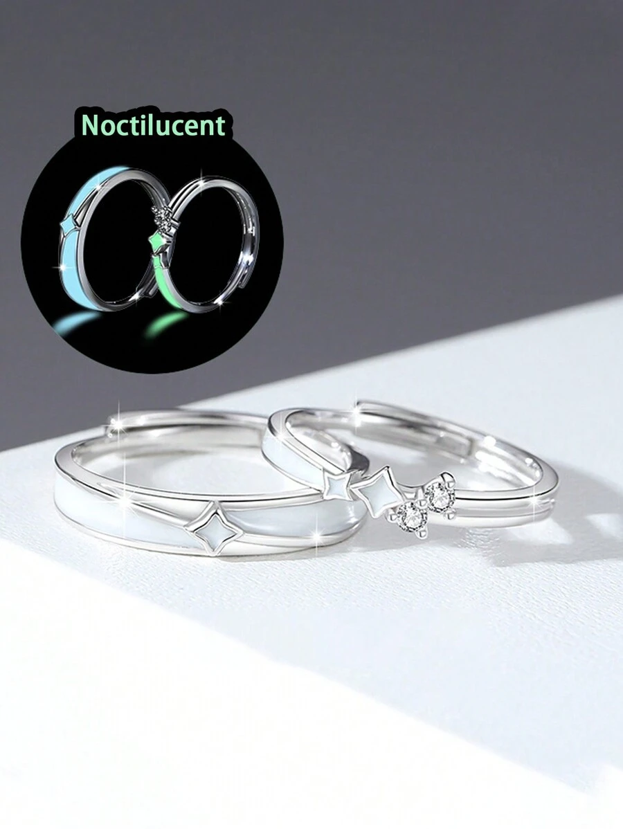 FOREVER QUEEN 1 對 S925 純銀流星雨夜光情侶戒指時尚星星戒指珠寶禮物情侶週年紀念日愛情 - 銀色 - 查看 1