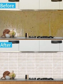 10 件/套防水矩形图案 3D 纹理墙板 DIY 瓷砖，可移除自粘墙砖贴纸厨房浴室后挡板用于节日布置，翻新贴纸剥离墙板、墙纸、壁纸、春季装饰品让您的家焕然一新，拉玛装饰贴纸 - 米色 - 查看 4