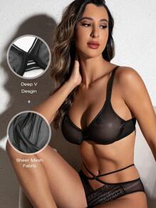 Sheer Mesh Lace Unlined Underwire Bra Sexy See-Through Demi Bralette - Black - View 3
