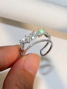 1 Chiếc Sterling S925 Bạc Vintage Đơn Giản Sang Trọng Hai Lớp Đá Cubic Zirconia Lá Mở Ra Có Thể Điều Chỉnh Nhẫn Cho Nữ Sinh Nhật Cuộc Sống Hàng Ngày món Quà Trang Sức - Bạc - Xem 3