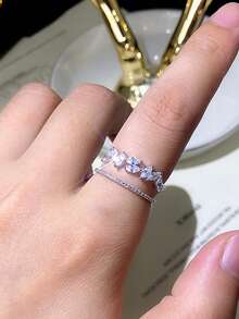 1 Chiếc Sterling S925 Bạc Vintage Đơn Giản Sang Trọng Hai Lớp Đá Cubic Zirconia Lá Mở Ra Có Thể Điều Chỉnh Nhẫn Cho Nữ Sinh Nhật Cuộc Sống Hàng Ngày món Quà Trang Sức - Bạc - Xem 5