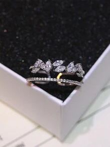 1 Chiếc Sterling S925 Bạc Vintage Đơn Giản Sang Trọng Hai Lớp Đá Cubic Zirconia Lá Mở Ra Có Thể Điều Chỉnh Nhẫn Cho Nữ Sinh Nhật Cuộc Sống Hàng Ngày món Quà Trang Sức - Bạc - Xem 8