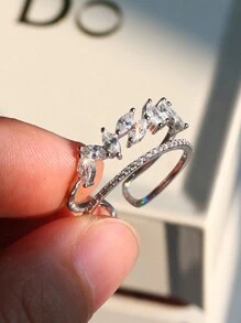 1 Chiếc Sterling S925 Bạc Vintage Đơn Giản Sang Trọng Hai Lớp Đá Cubic Zirconia Lá Mở Ra Có Thể Điều Chỉnh Nhẫn Cho Nữ Sinh Nhật Cuộc Sống Hàng Ngày món Quà Trang Sức - Bạc - Xem 4