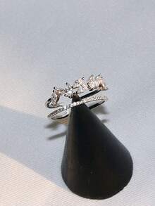 1 Chiếc Sterling S925 Bạc Vintage Đơn Giản Sang Trọng Hai Lớp Đá Cubic Zirconia Lá Mở Ra Có Thể Điều Chỉnh Nhẫn Cho Nữ Sinh Nhật Cuộc Sống Hàng Ngày món Quà Trang Sức - Bạc - Xem 9