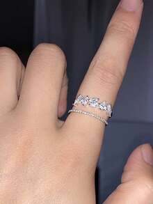 1 Chiếc Sterling S925 Bạc Vintage Đơn Giản Sang Trọng Hai Lớp Đá Cubic Zirconia Lá Mở Ra Có Thể Điều Chỉnh Nhẫn Cho Nữ Sinh Nhật Cuộc Sống Hàng Ngày món Quà Trang Sức - Bạc - Xem 6