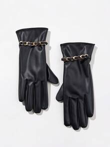 1 Pair Women's Black Pu Leather Gloves With Chain And Touch Screen Feature, Warm And Windproof, Perfect For Daily Use In Autumn And Winter - Black - View 2