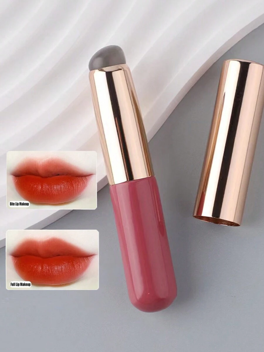 1 件便携式防尘带盖唇刷多功能遮瑕化妆刷软棉签圆头硅胶混合刷口红刷女生礼物 - 粉色 - 查看 1