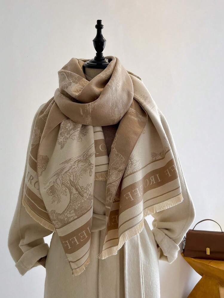 1pc Ladies' Khaki Color Plant Pattern Printed Faux Cashmere Jacquard Scarf Shawl For Warmth And Daily Wear In Autumn And Winter Elegant - Khaki - View 2