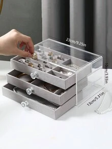 1pc 3-tier Acrylic Jewelry Storage Box Portable Dustproof Organizer For Rings, Earrings, Necklaces - Grey - View 5