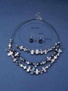 精致时尚简约甜美多层不对称三层项链耳环套装饰品适合日常节日佩戴三件套 - 黑色 - 查看 3