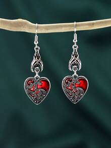 2pcs Gothic Style Bat & Red Heart Shape Pendant Earrings For Halloween - Antique Silver - View 1