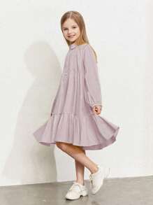 幼兒女童寬鬆長袖襯衫連衣裙,設計別緻,秋季系列 - 紫色 - 查看 4